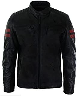 Aviatrix chaqueta tipo bomber de cuero autentico con rayas rojas ajustada negra para hombre estilo casual - negro