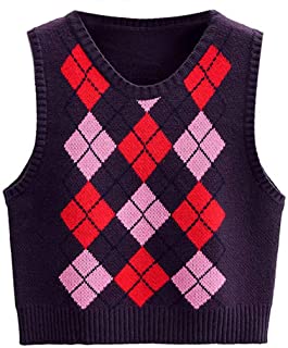  Karrychen women sleeveless knit sweater vest rhombus plaid preppy style cropped tank top