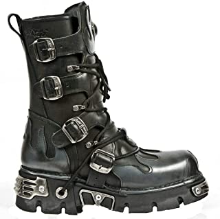  New rock 591-s2 botas de cuero negro con llama plateada 36