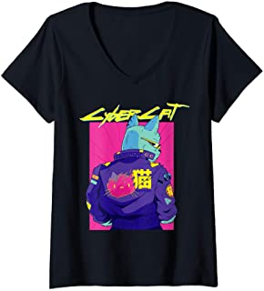  Mujer cyberpunk juego de palabras cat cybercat car�cter japon�s camiseta cuello v