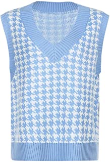  Karrychen women v-neck knit oversized loose vest houndstooth sleeveless sweater tank top- blue#l